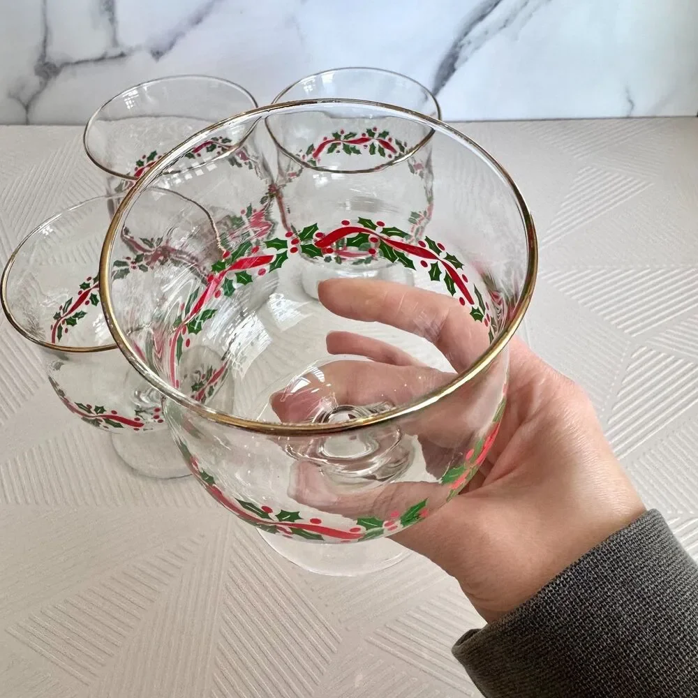 Vintage Libbey Holly Berry Red Ribbon Christmas Dessert Glass Goblet Set of 4